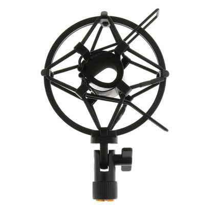 Black metal studio sound recording microphone shock mount stand with circular star-shaped protective grid for condenser mic
