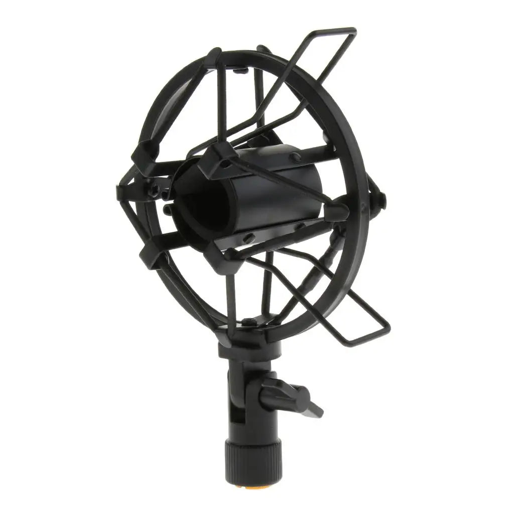 Black metal studio sound recording microphone shock mount stand with circular protective cage for condenser mic
