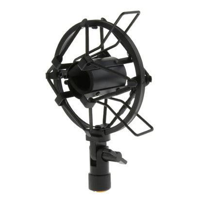 Black metal studio sound recording microphone shock mount stand with circular protective cage for condenser mic