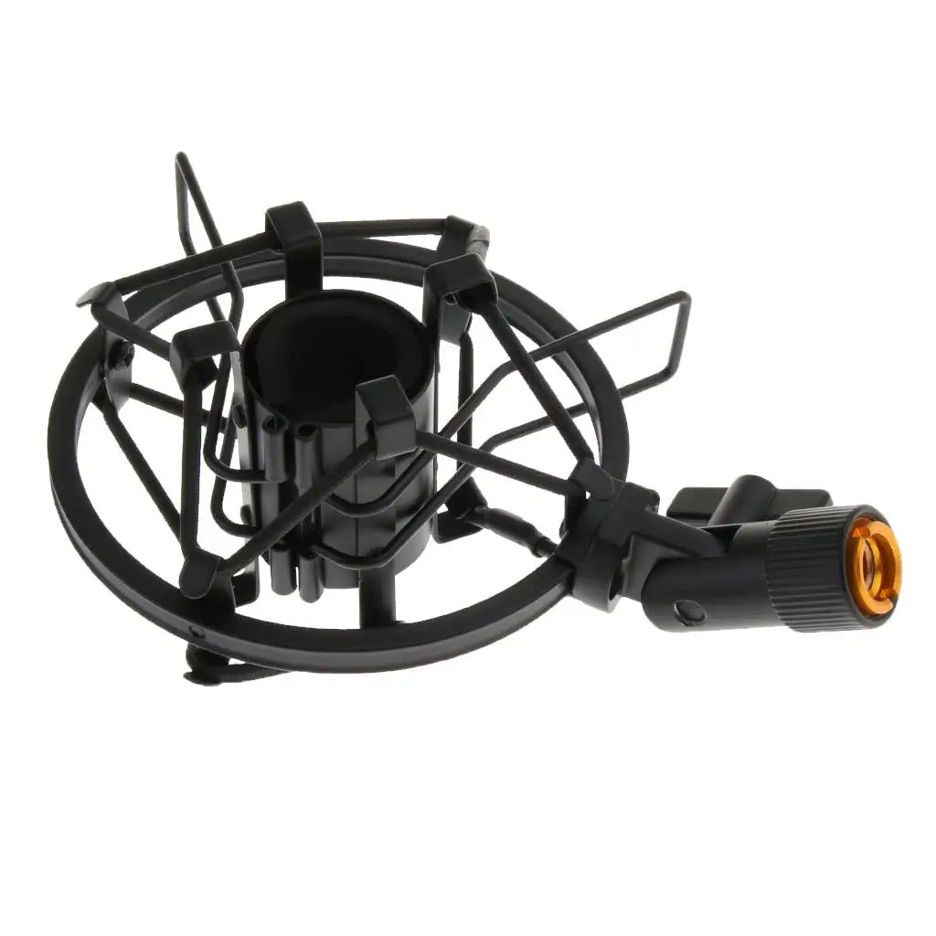 Black microphone shock mount stand with protective wire cage and orange-accented connector for studio sound recording