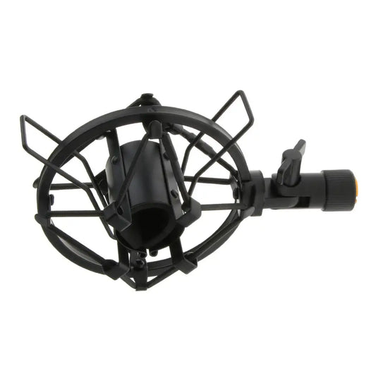 Black microphone shock mount with protective wire mesh cage and adjustable clamp for studio sound recording condenser mic