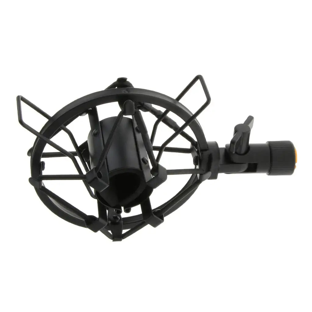 Black microphone shock mount stand with protective wire mesh cage and adjustable clamp for studio sound recording