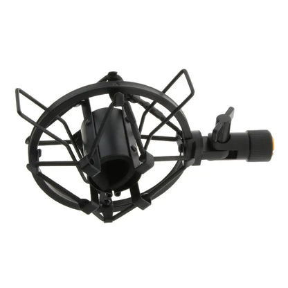 Black microphone shock mount stand with protective wire mesh cage and adjustable clamp for studio sound recording