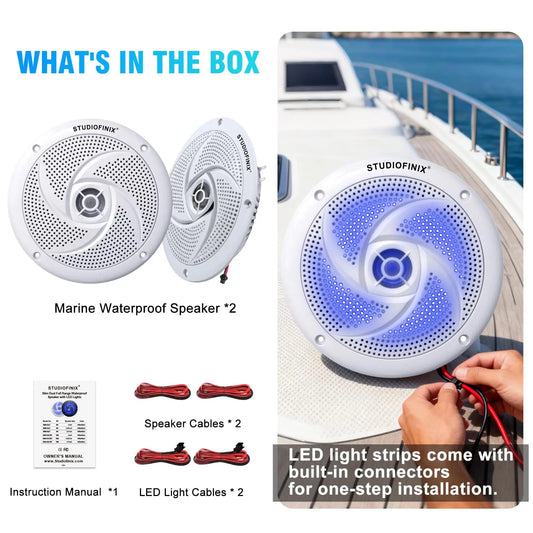 White circular 240w waterproof marine speakers with blue led lighting perforated grille 2pk white for utv golf cart