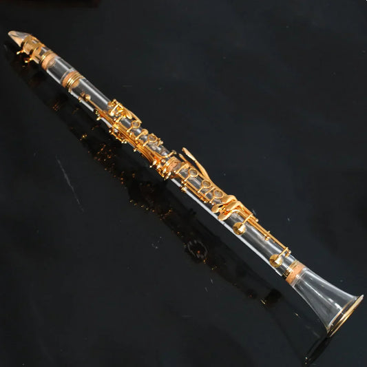 Stylish transparent clarinet made of clear acrylic with gold-plated bb17 keys and fittings for musical performance