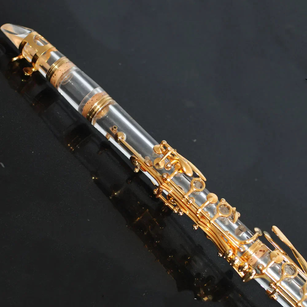 Stylish transparent clarinet made of clear acrylic with gold-plated bb17 keys and decorative accents