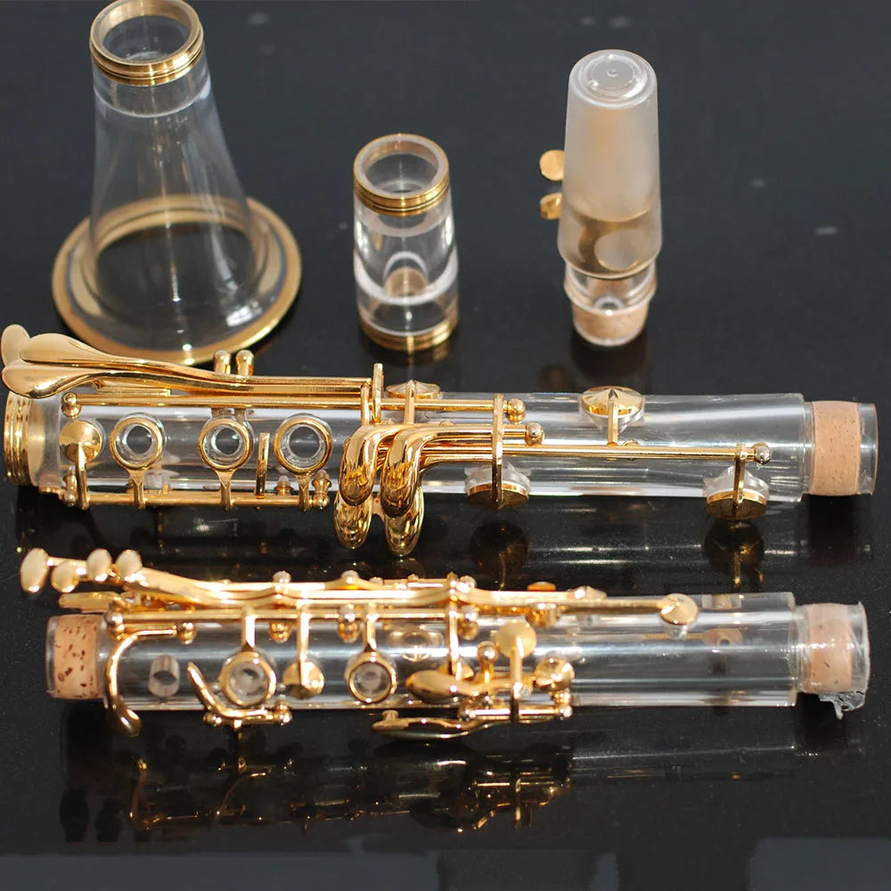 Stylish transparent clarinet made of clear glass with bb17 gold-plated keys and fittings for musical performance