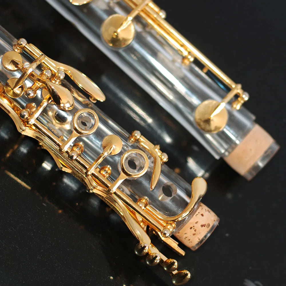 Stylish transparent clarinet made of clear plastic with gold-plated bb17 keys and metal fittings for musical performance