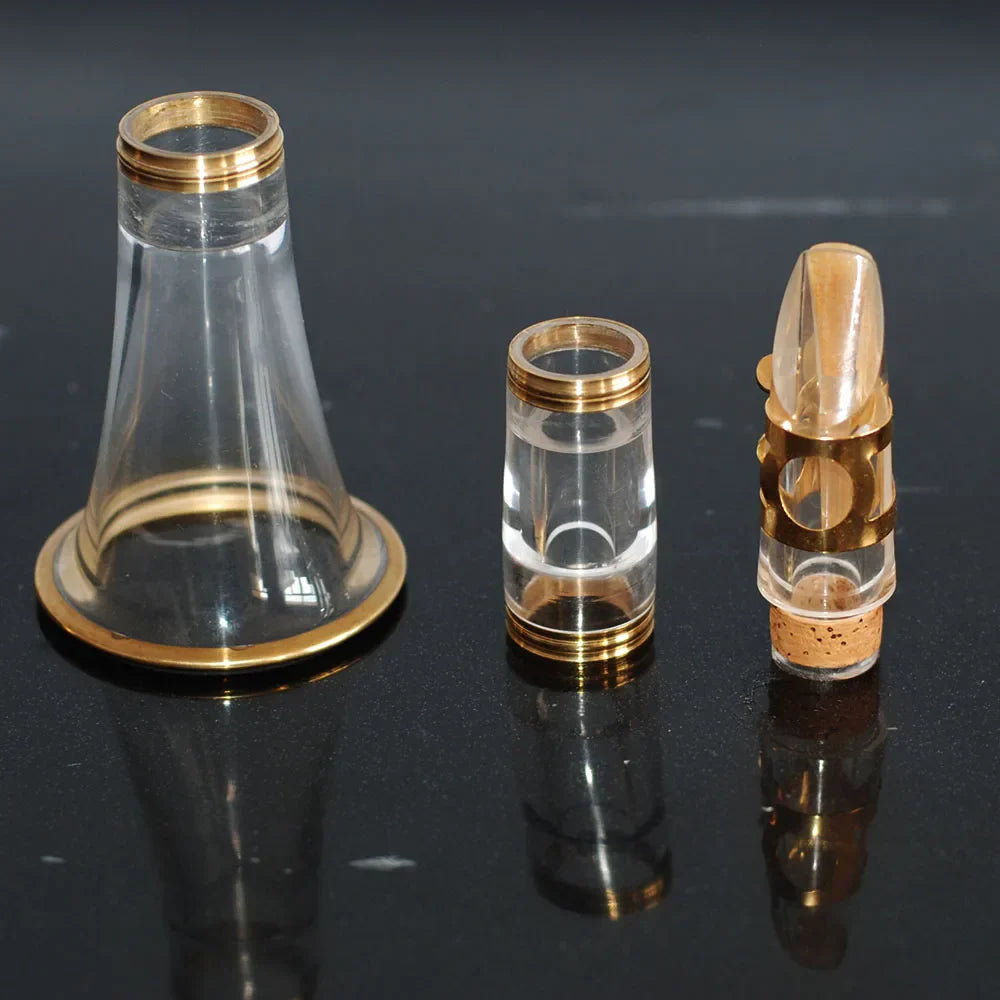 Gold-rimmed clear glass mouthpiece components for a stylish transparent clarinet with bb17 keys and gold plating