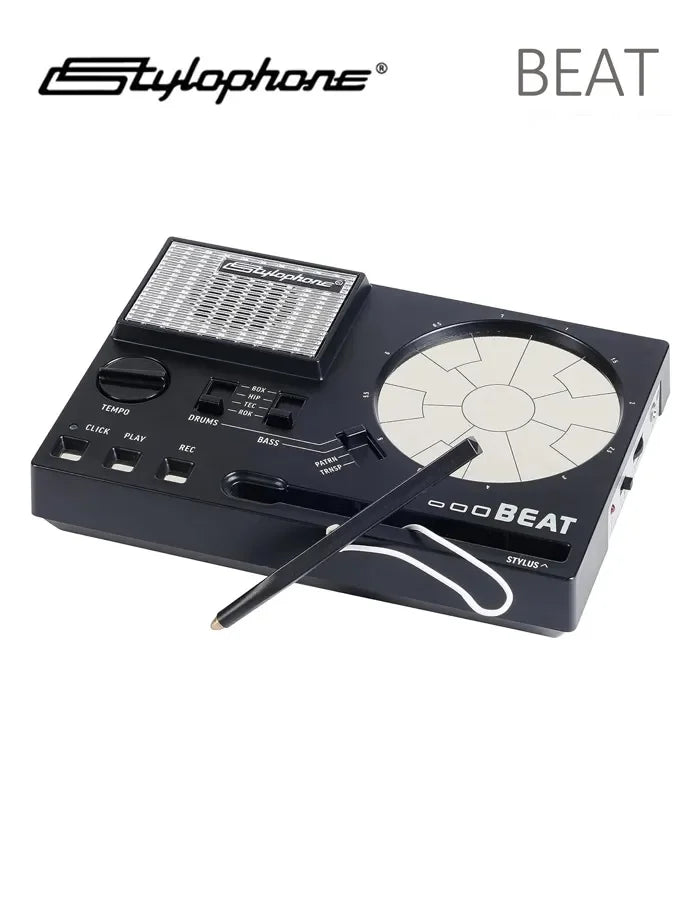 Black stylophone beat British vintage electronic drum machine with circular playing surface and attached stylus for rhythm loops