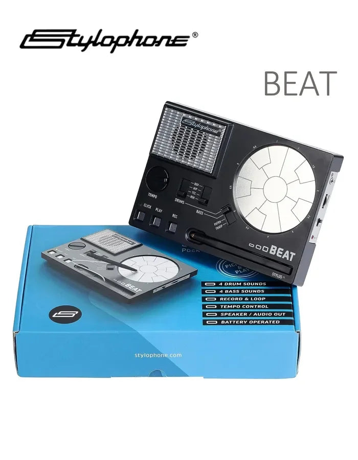 Stylophone BEAT British vintage electronic drum machine in black with silver accents and circular portable drum pad