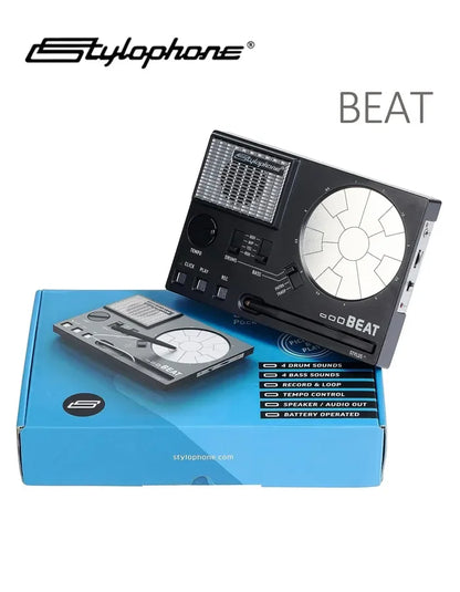 Stylophone BEAT British vintage electronic drum machine in black with silver accents and circular portable drum pad