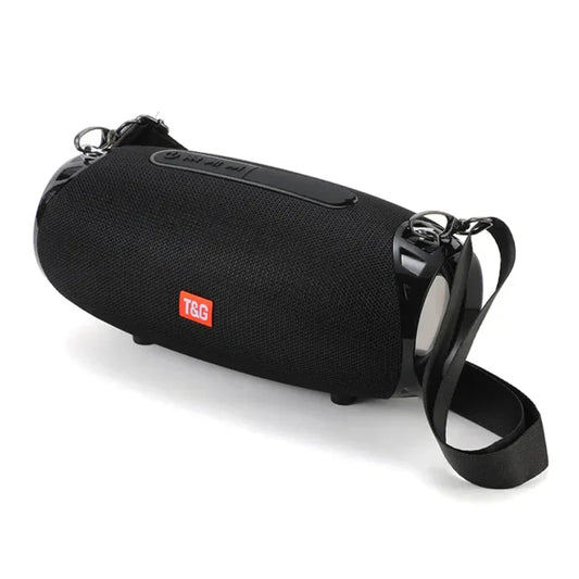 Black portable sound box som bluetooth speaker with textured fabric, glossy accents, wireless woofer bass, and adjustable strap