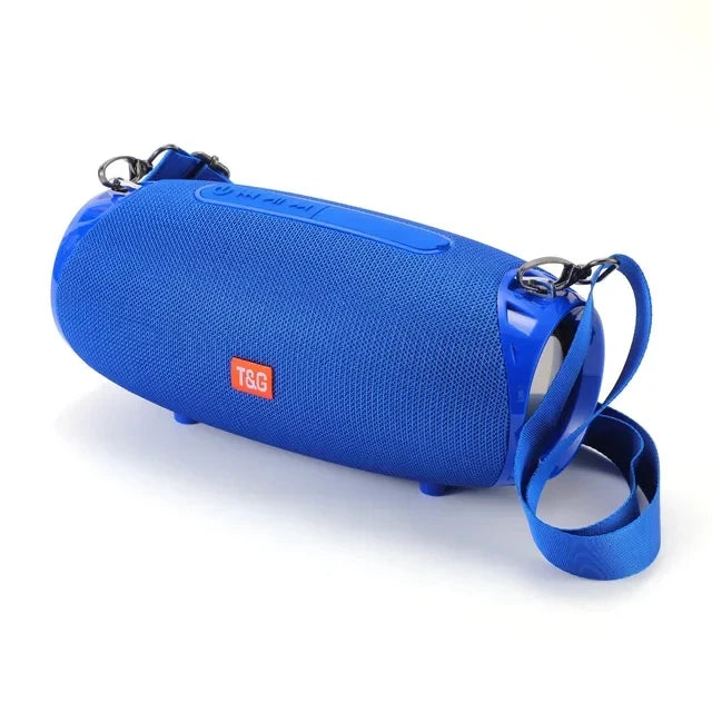 Blue portable bluetooth speaker with textured fabric exterior and strap featuring wireless woofer bass radio fm 10w