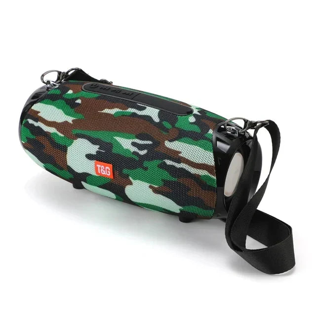 Camo-patterned som bluetooth speaker portable sound box with wireless woofer bass in green brown and white fabric exterior