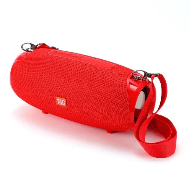 Red t&g bluetooth speaker portable with textured fabric, matching strap, wireless woofer bass and radio fm 10w features