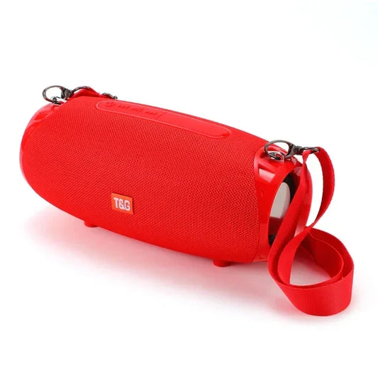 Red t&g bluetooth speaker portable with textured fabric, matching strap, wireless woofer bass and radio fm 10w features