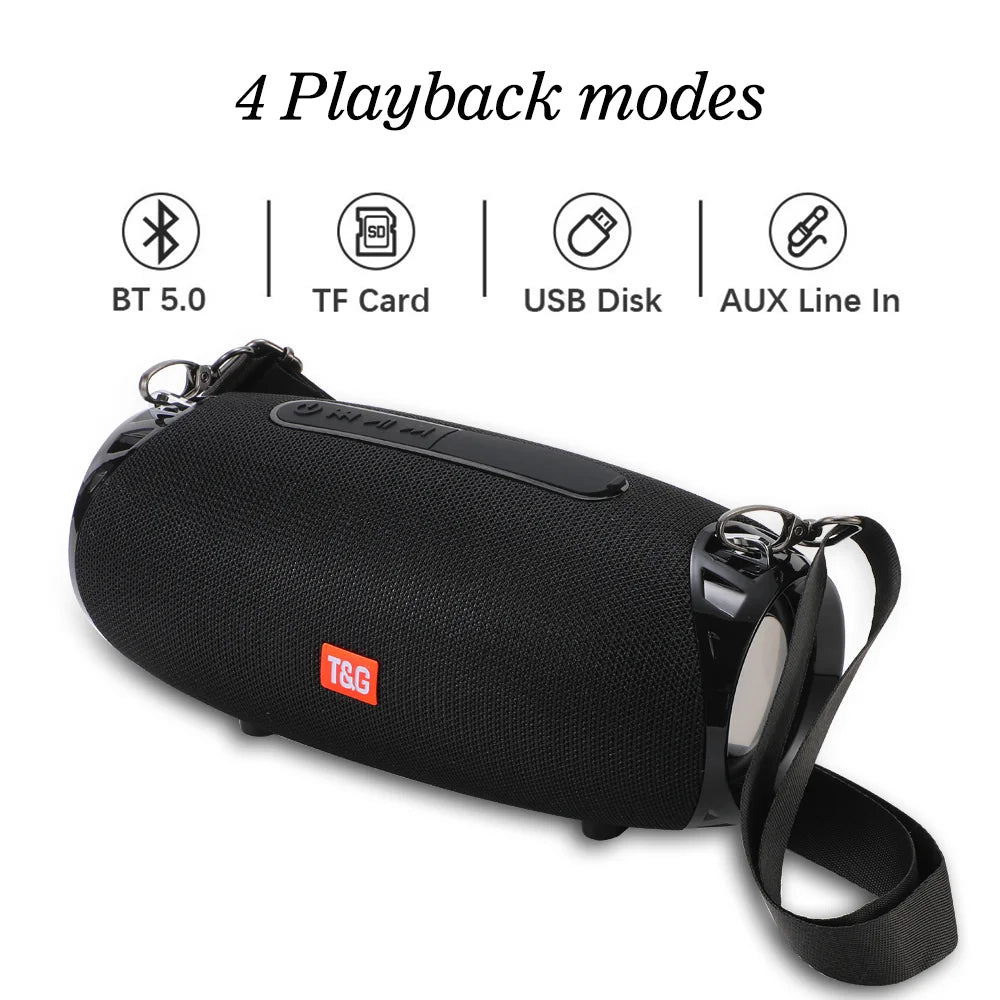 Black fabric-wrapped portable sound box with red t&g logo and metal strap wireless woofer bass som bluetooth speaker