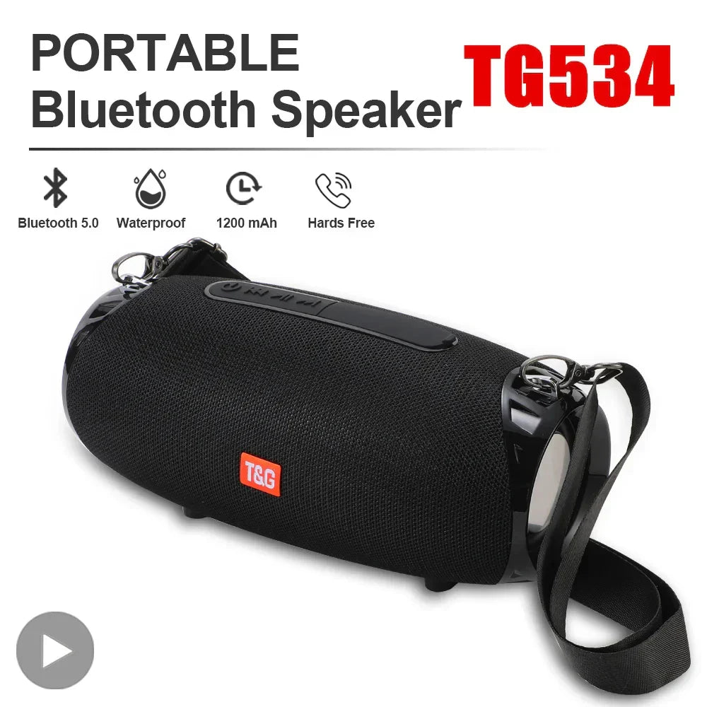 Black textured fabric bluetooth speaker portable with red t&g logo wireless woofer bass and radio fm 10w power