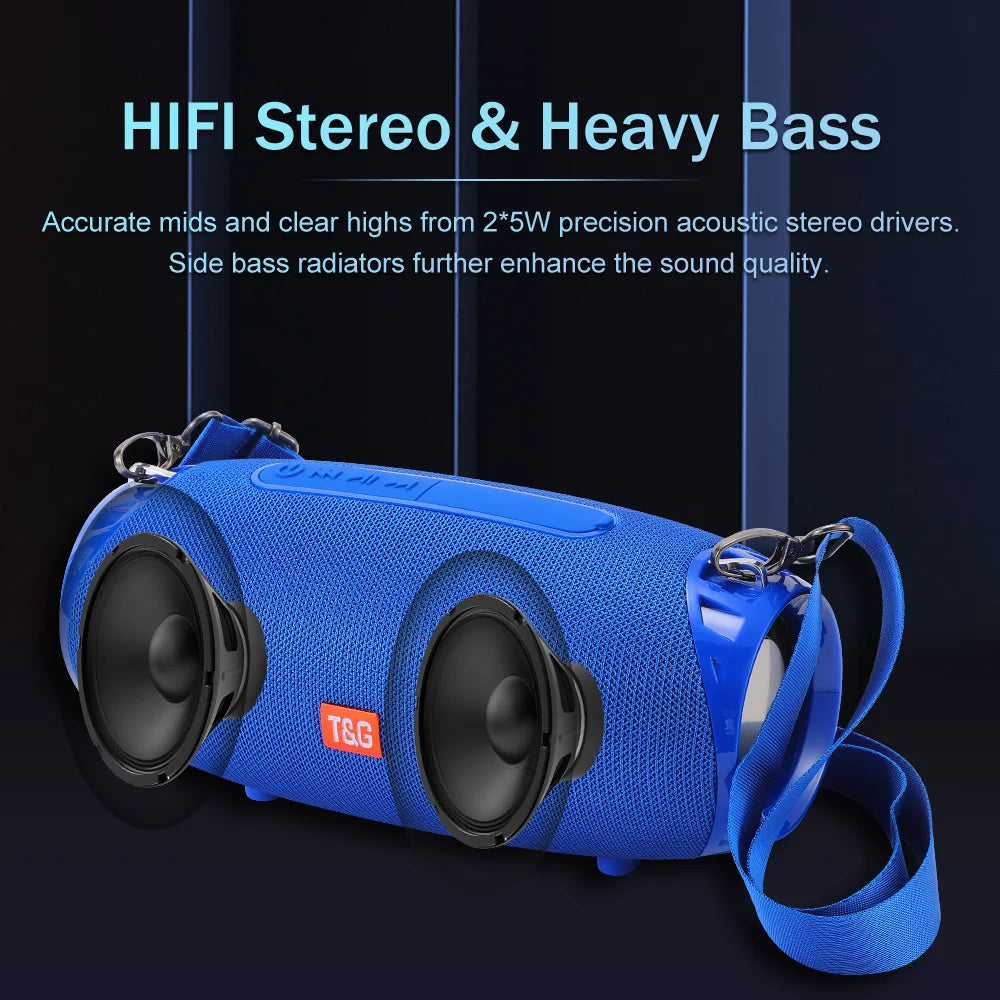 Blue mesh-textured bluetooth speaker portable with two black drivers and wireless woofer bass for radio fm 10w use