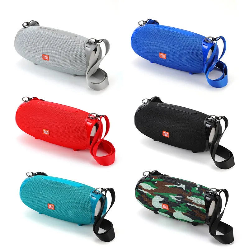 Six portable som bluetooth speakers in gray blue red black teal and camouflage pattern with wireless woofer bass