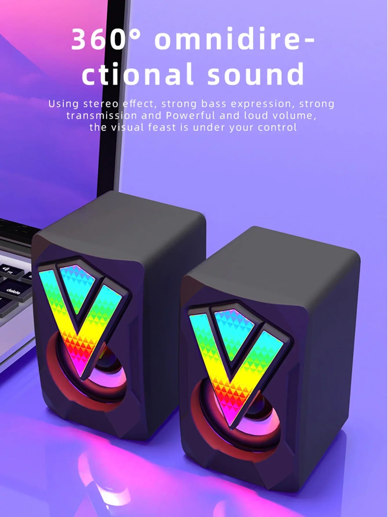 Black cube-shaped subwoofer stereo surround speakers with vibrant rgb gaming lights for desktop pc loudspeakers