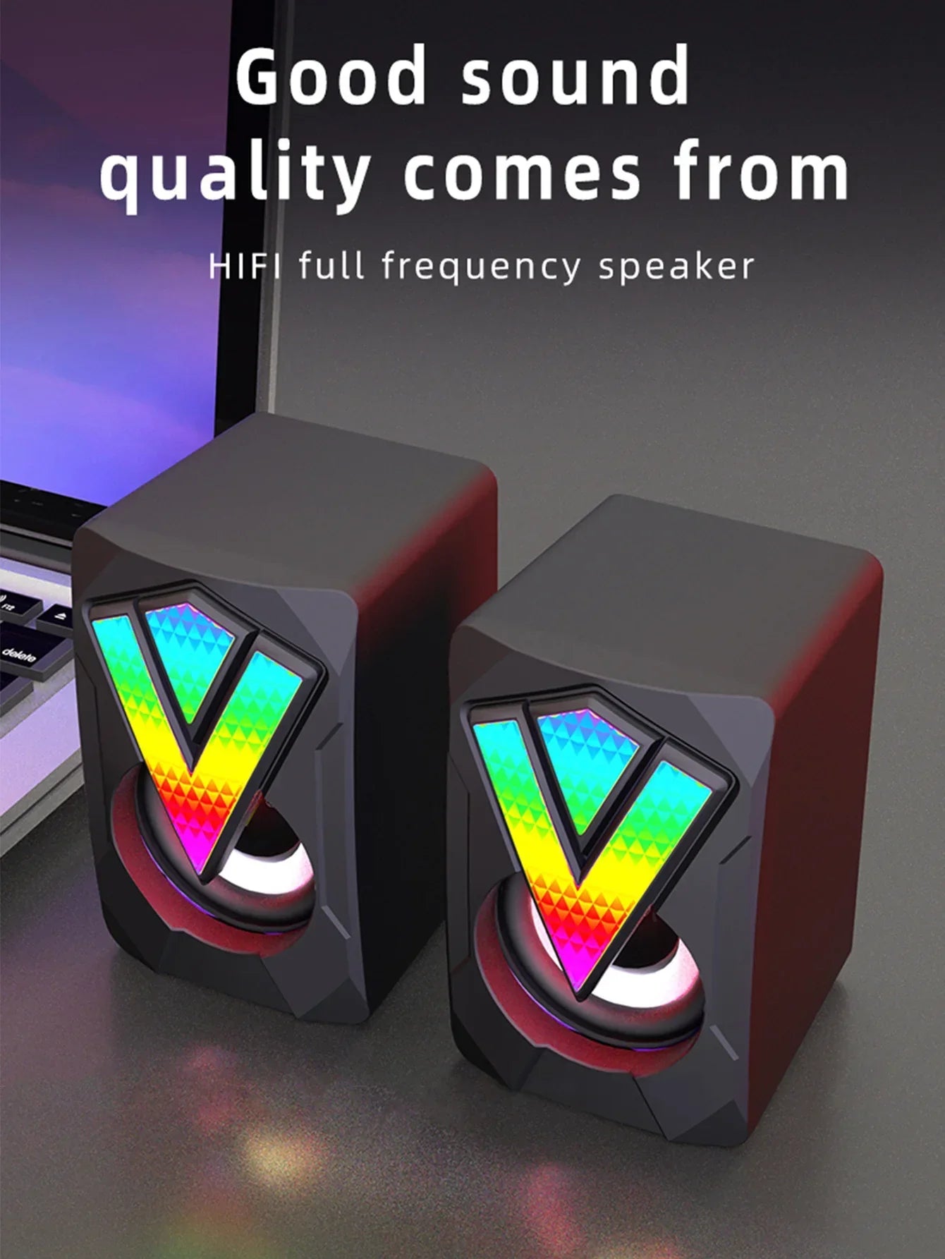 A pair of black and red subwoofer stereo surround rgb gaming speakers with rainbow led v-shape for desktop pc loudspeakers