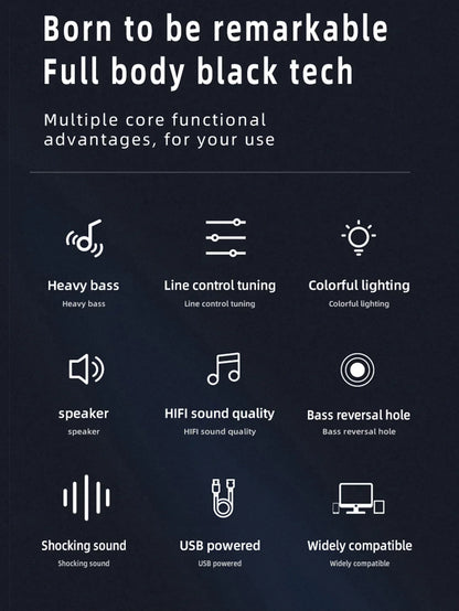 Black subwoofer stereo surround rgb gaming speakers with heavy bass and colorful lighting for desktop pc loudspeakers