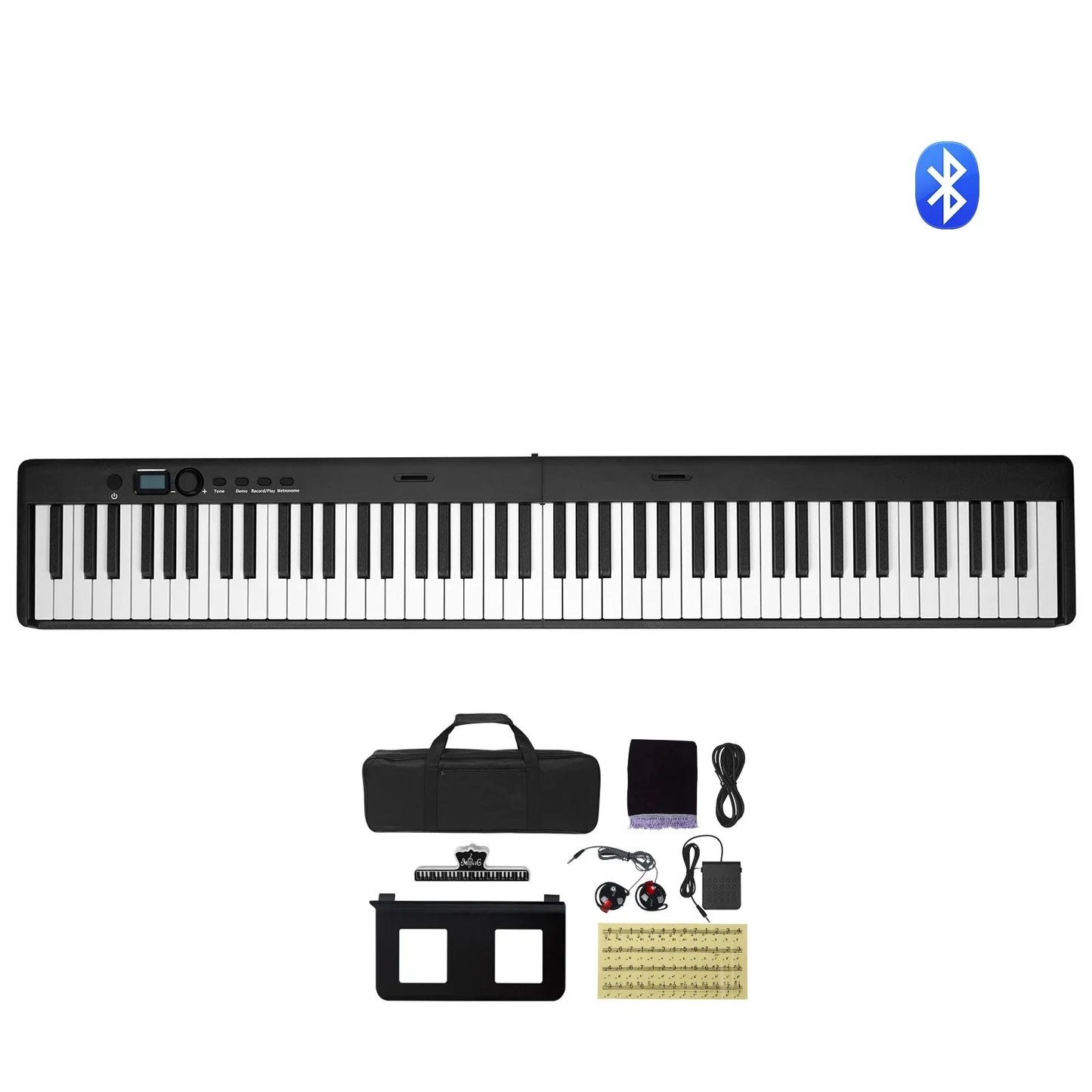 Black 88-key foldable piano with bluetooth connectivity and sleek modern design included accessories for beginners