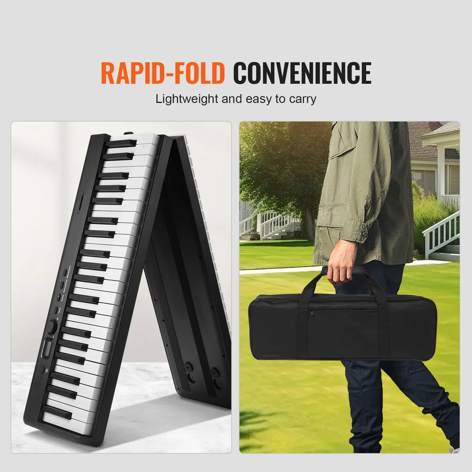 Black rapid-fold keyboard piano with white and black keys digital foldable piano bluetooth designed for portability