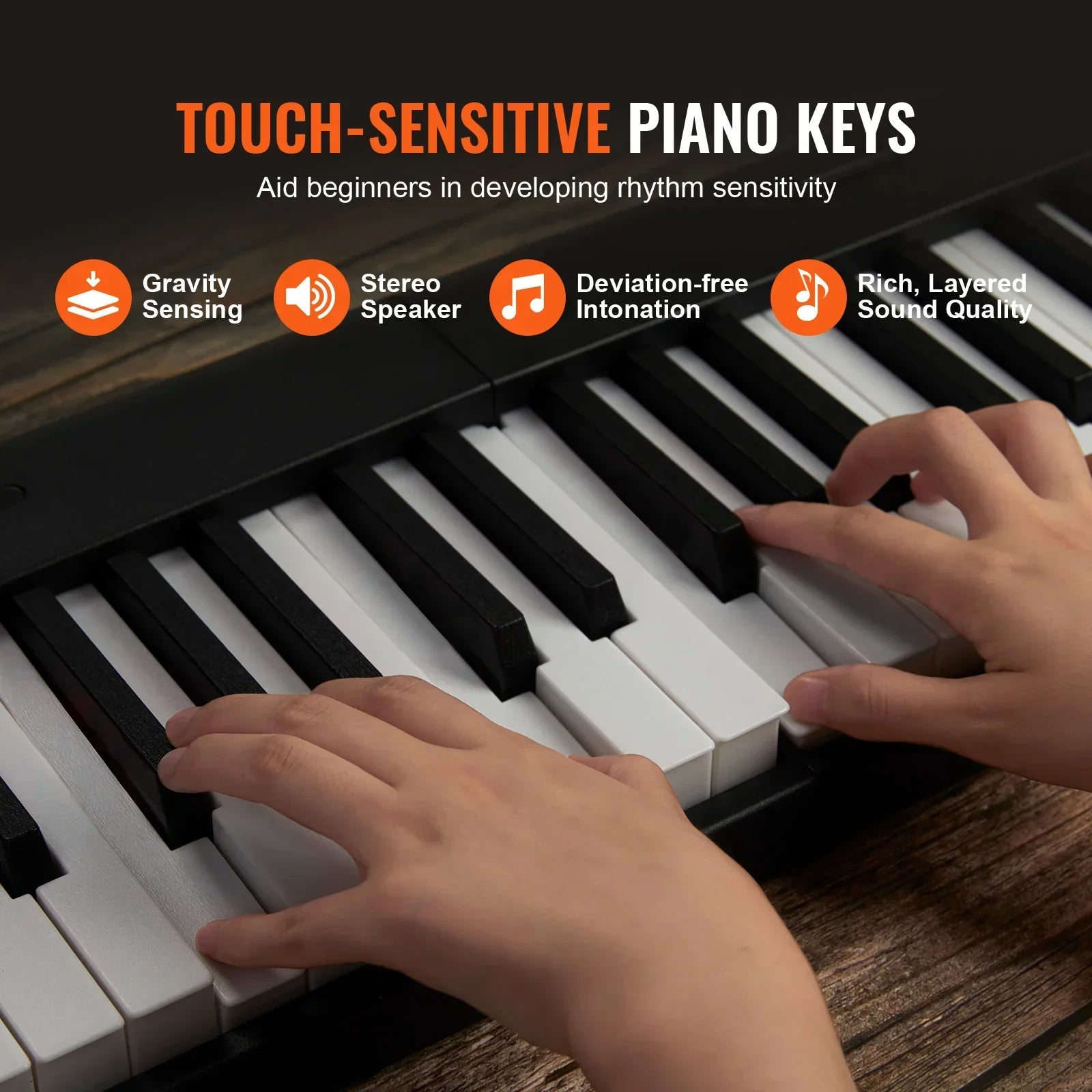 Black and white touch-sensitive keys on sleek digital foldable piano for beginners with keyboard piano bluetooth features