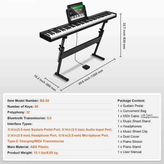Black abs plastic 88-key digital foldable piano with bluetooth and tablet stand for beginners by SucceBuy