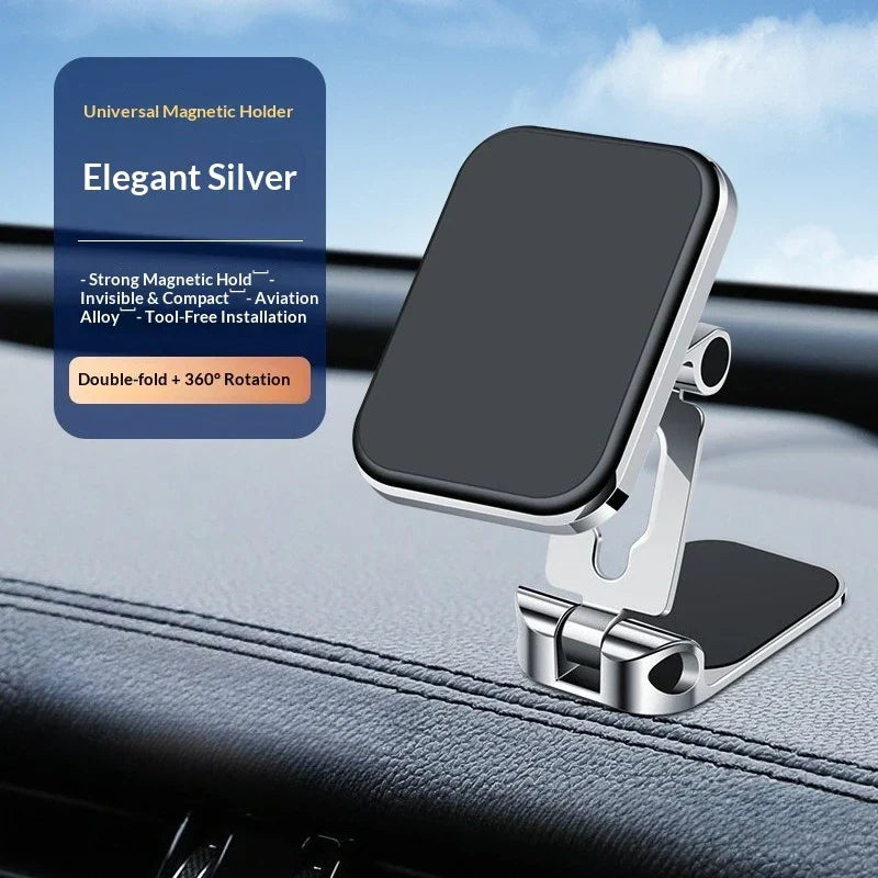 Elegant silver suction type car mobile phone stand made of aviation alloy with strong magnetic attraction and foldable air outlet design