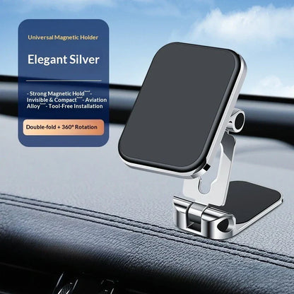 Elegant silver suction type car mobile phone stand made of aviation alloy with strong magnetic attraction and foldable air outlet design