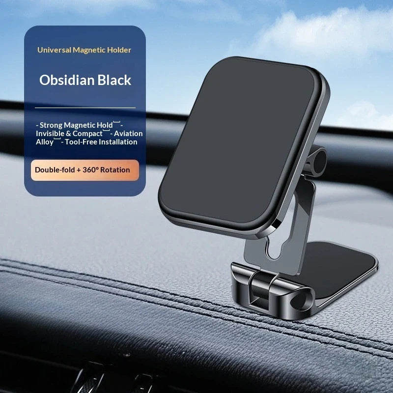 Obsidian black universal magnetic phone holder made of aviation alloy with foldable air outlet design and strong magnetic attraction