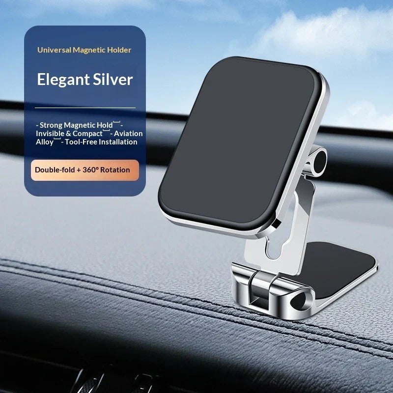 Elegant silver suction type car phone holder made of aviation alloy with strong magnetic attraction foldable air outlet design