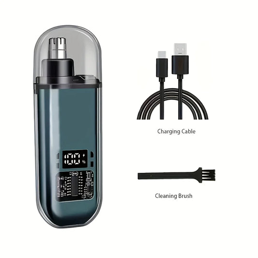 A sleek dark teal and silver usb charging nose and ear hair trimmer with a transparent cap and clipper mini compact design