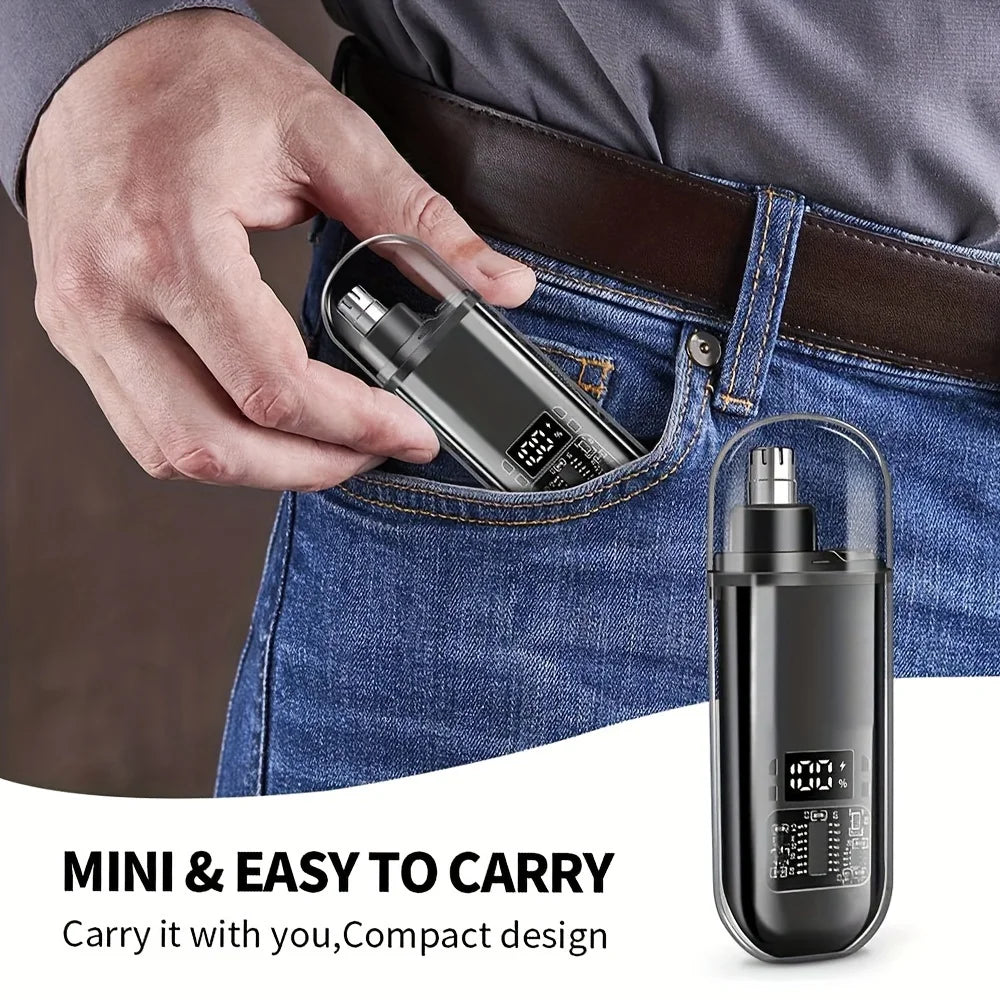 Portable black usb charging nose and ear hair trimmer with transparent dome cover and digital display clipper mini compact design