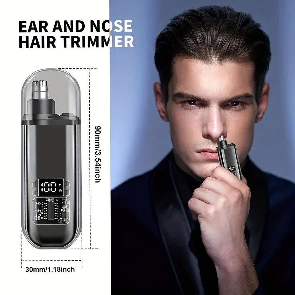 Black and silver usb charging nose and ear hair trimmer with digital display mini compact clipper for men
