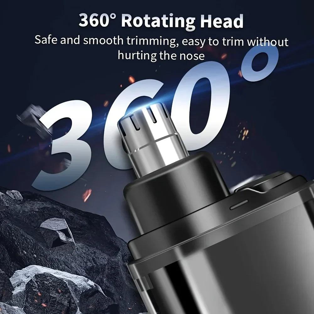 Silver and black usb charging nose hair trimmer with 360-degree rotating head compact mini ear hair clipper for men