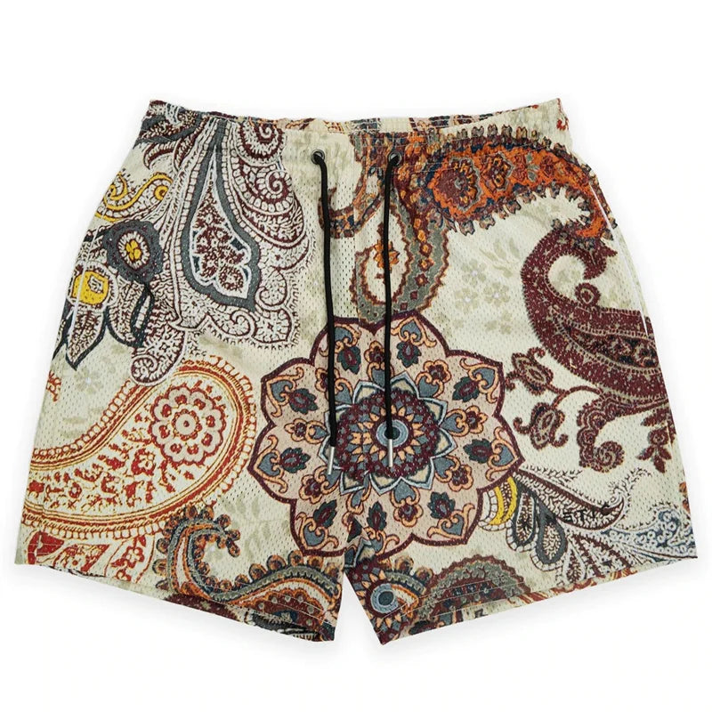 Beige short pant rose design with vibrant paisley embroidery in rust navy gray and yellow made from fitness polyester fast dry