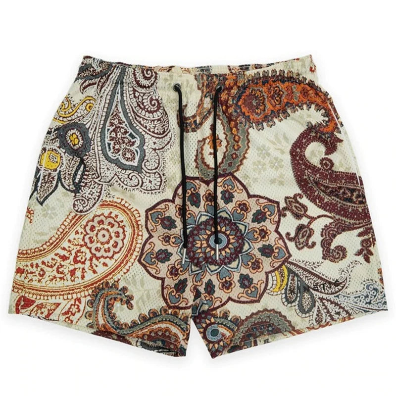 Beige short pant rose with vibrant paisley design in red brown blue and yellow black drawstrings fitness polyester fast dry