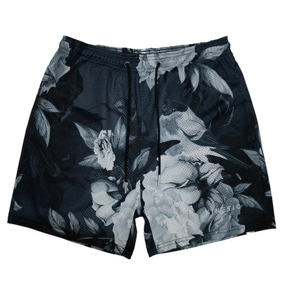 Black athletic short pant rose design with grayscale floral pattern mesh fabric drawstrings street hip hop fitness polyester fast dry