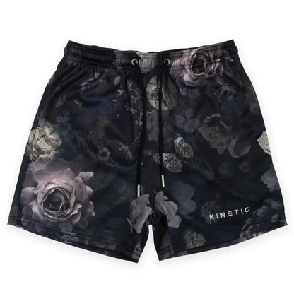 Black short pant rose design with gray and muted pink floral pattern in fitness polyester fast dry breathable fabric by kinetic