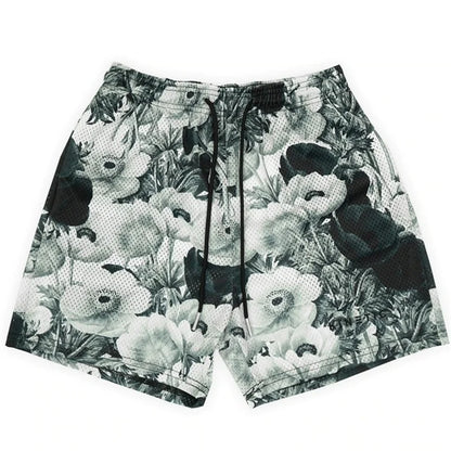 Black and white floral patterned mesh short pant rose design with drawstring waistband for street hip hop fitness polyester fast dry use