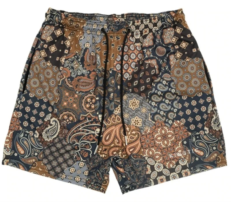Brown and navy paisley short pant rose design casual shorts made of fitness polyester fast dry breathable material