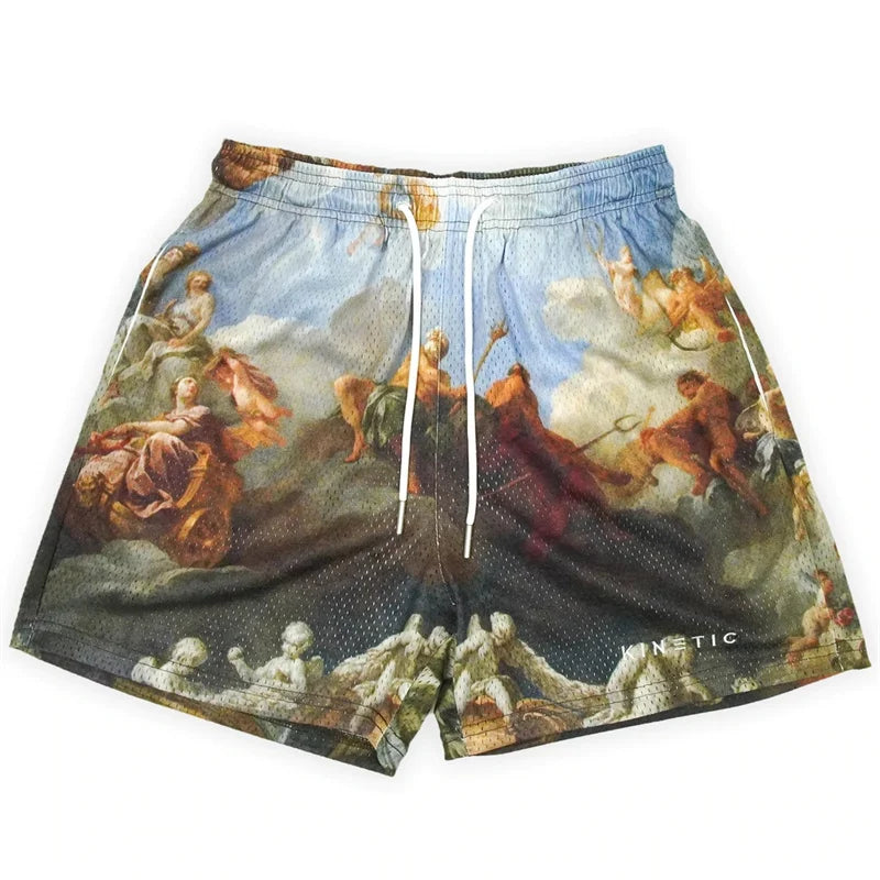 Kinetic street hip hop short pant rose with full-length classical painting print on breathable fitness polyester fast fabric