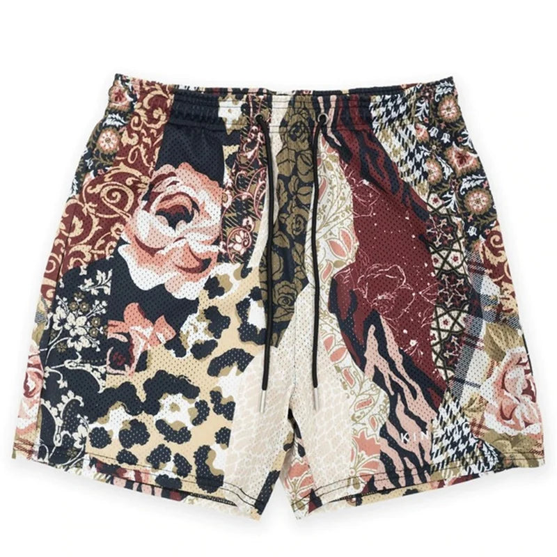 Patchwork short pant rose in earthy tones featuring floral leopard and vintage panels made of fitness polyester fast dry