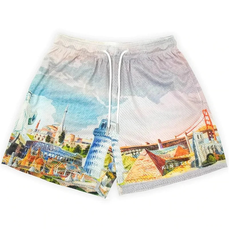 Summer new men short pant rose design casual shorts with watercolor landmarks print white drawstrings street hip hop fitness polyester fast dry breathable