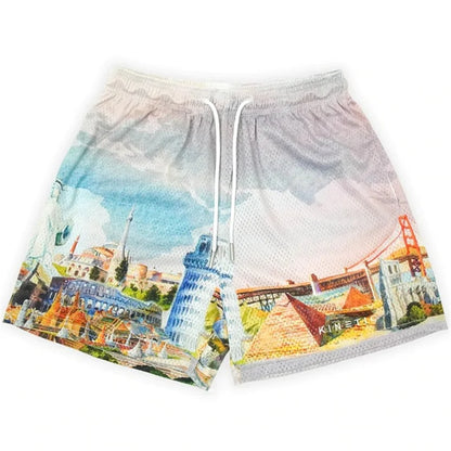 Summer new men short pant rose design casual shorts with watercolor landmarks print white drawstrings street hip hop fitness polyester fast dry breathable